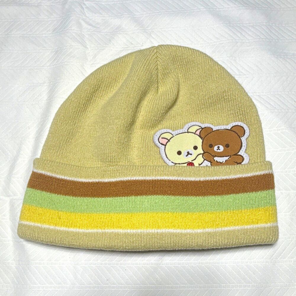 Women’s Knit Beanie Hat Beige Striped Acrylic Embroidered Stretch OSFM